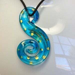 Blue Lamp Work Necklace on Adj. Leather Cord